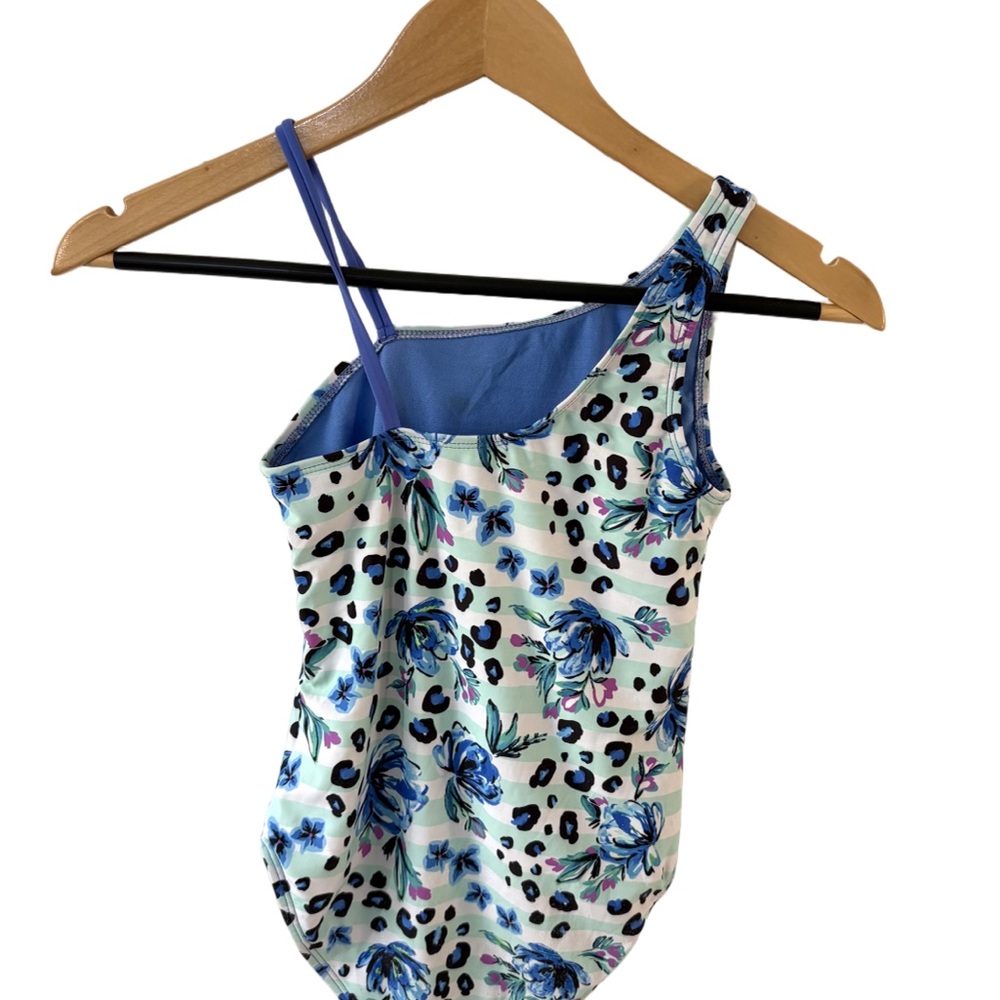 Girls One-Shoulder Swimsuit Blue Floral & Leopard Print Size M (7/8)